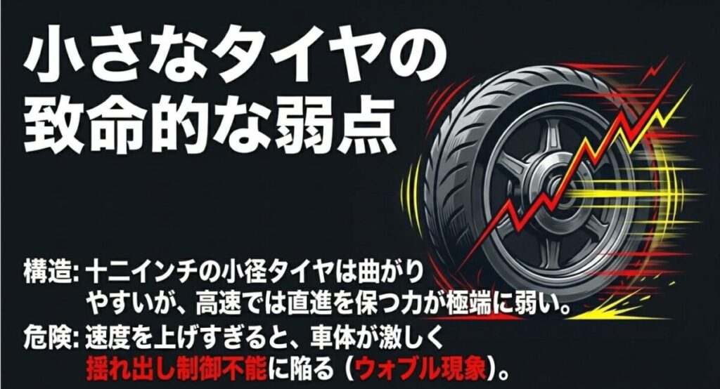 グロム：12インチの小径タイヤは曲がりやすい反面、高速では直進を保つ力が極端に弱く、速度を上げすぎると車体が激しく揺れ出して制御不能に陥るウォブル現象の危険性を警告するスライド画像
