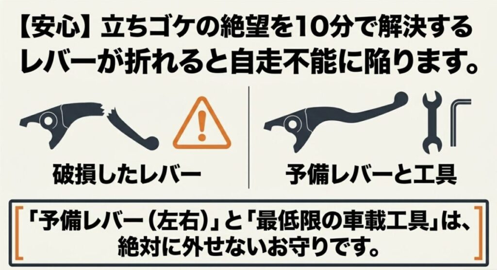 グロムのツーリング：転倒などで破損したレバーと、自走不能を避けるための予備レバーおよび工具の図解