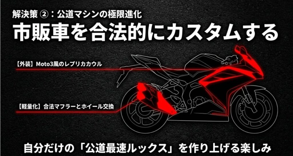 NSF250Rの公道仕様:解決策②として市販車を合法的にカスタムする提案スライド。外装にMoto3風のレプリカカウル、軽量化に合法マフラーとホイール交換を挙げ、自分だけの「公道最速ルックス」を作り上げる楽しみを解説しています。