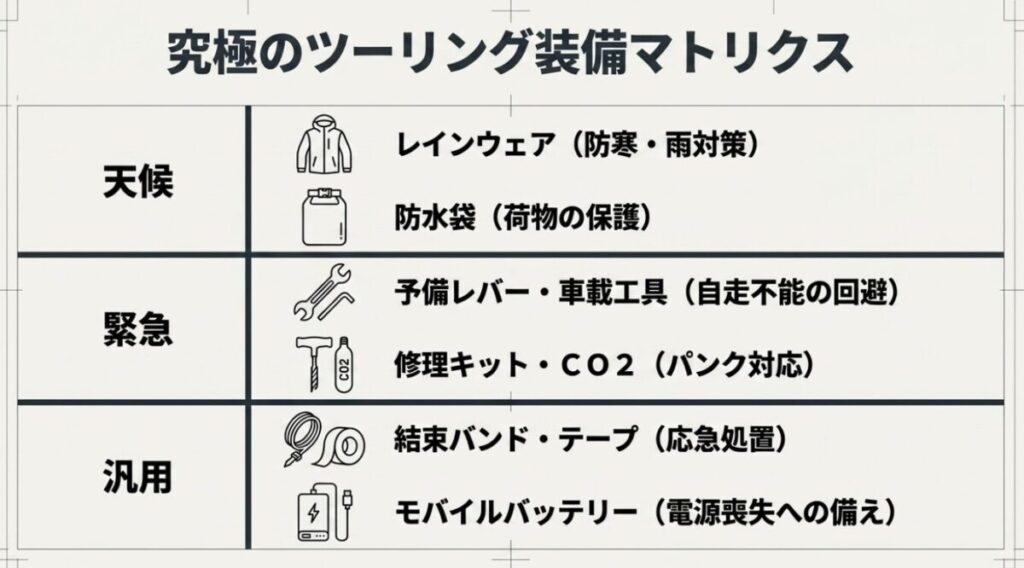 グロムのツーリング：天候、緊急、汎用、電源のカテゴリごとにまとめたツーリング必須装備の表