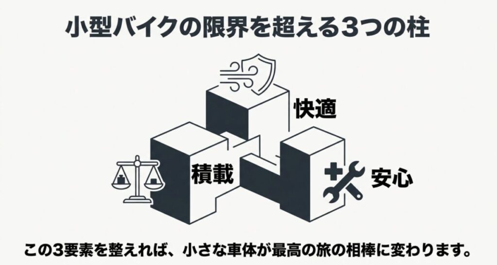 グロムのツーリング：積載・快適・安心という小型バイクの限界を超える3つの柱を示した図解