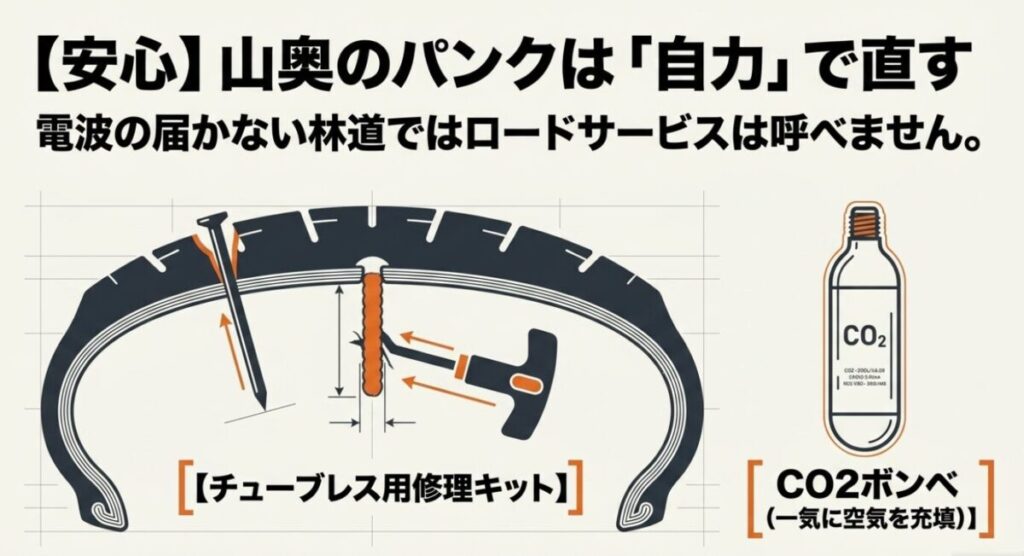 グロムのツーリング：山奥でのパンクを自力で直すためのチューブレス用修理キットとCO2ボンベの図解