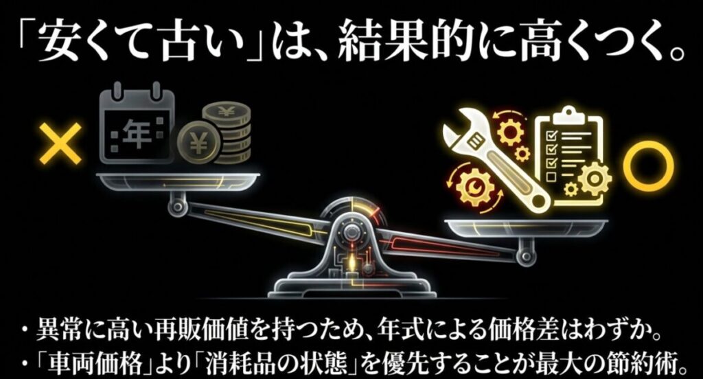 グロムの中古選び：天秤のイラスト。「安くて古い」は結果的に高くつくため、車両価格より消耗品の状態を優先することが最大の節約術であることを示す図解