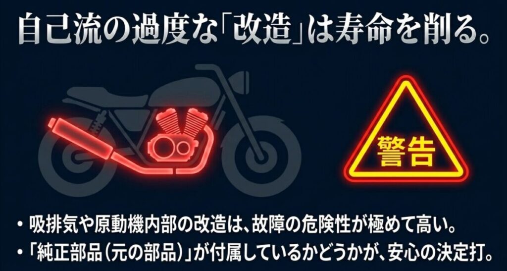 グロムの中古選び：自己流の過度な改造はエンジンの寿命を削るという警告文と、純正部品が付属しているかどうかが安心の決定打になるという説明