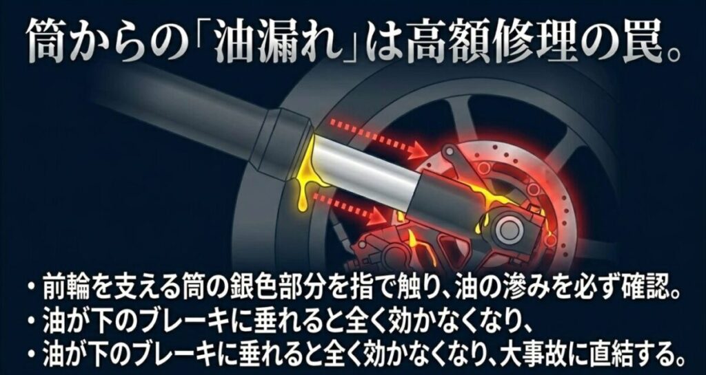 グロムの中古選び：前輪を支える筒（フロントフォーク）からの油漏れは高額修理の罠。油が下のブレーキに垂れると全く効かなくなり、大事故に直結するという警告