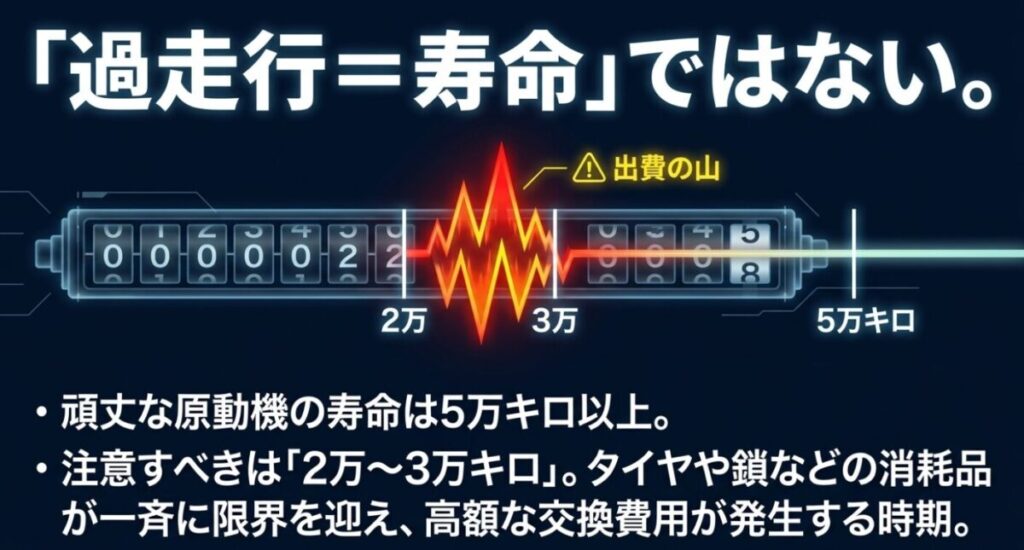 グロムの中古選び：走行距離メーターのイラスト。「過走行＝寿命」ではなく、2万〜3万キロで消耗品の交換による出費の山が来ることを示す図解