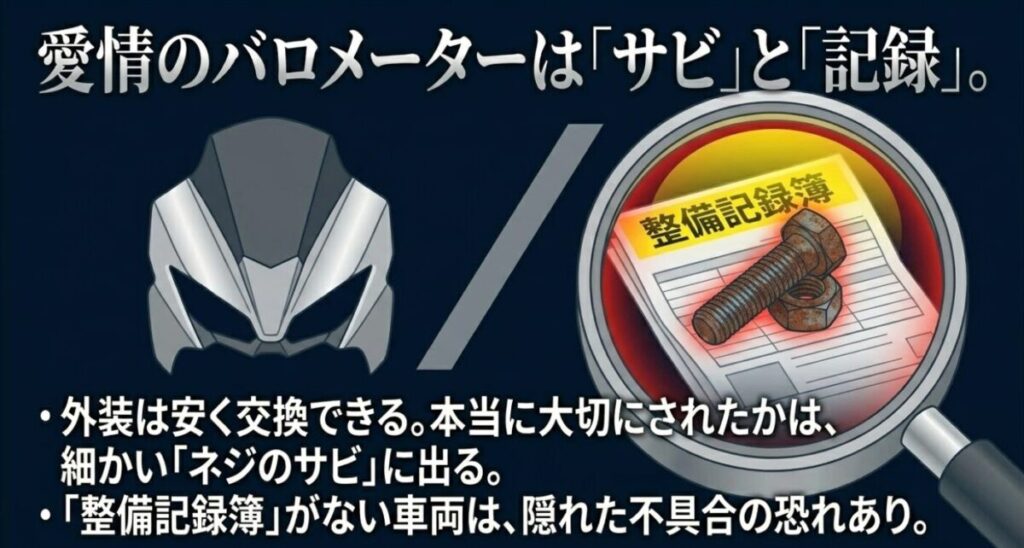 グロムのフロントマスクのイラスト。前オーナーの愛情は細かいネジのサビに出るという解説と、整備記録簿がない車両は隠れた不具合の恐れがあるという警告