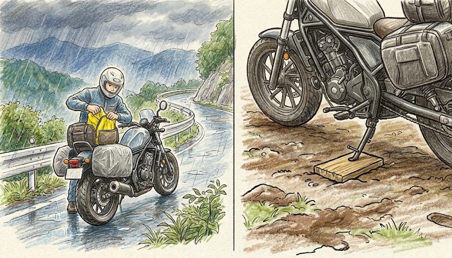モンキー125でキャンプ：荷物の防水と雨天トラブル回避
