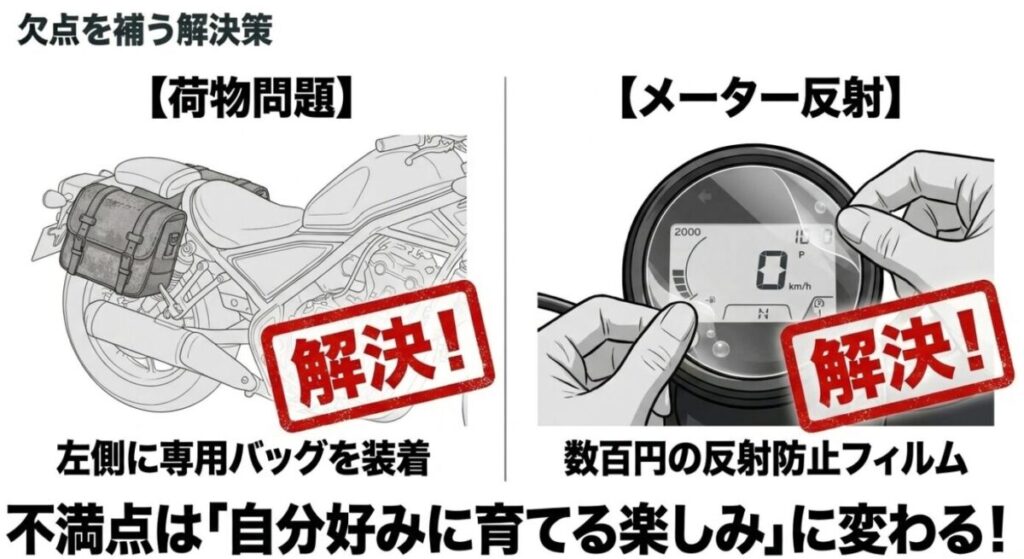 CL250:車体左側に専用のサイドバッグを装着して荷物問題を解決するイラストと、メーターに数百円の反射防止フィルムを貼り付けて対策するイラストが描かれた解決策スライド画像。