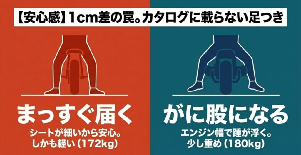 カタログに載らない足つきの安心感。シートが細くまっすぐ届くCL250と、エンジン幅で踵が浮きがに股になるGB350