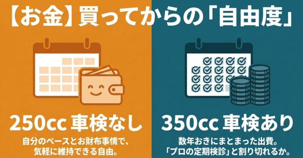 CL250とGB350:買ってからのお金の自由度。車検なしで気軽に維持できるCL250と、車検ありでプロの定期検診が必要なGB350