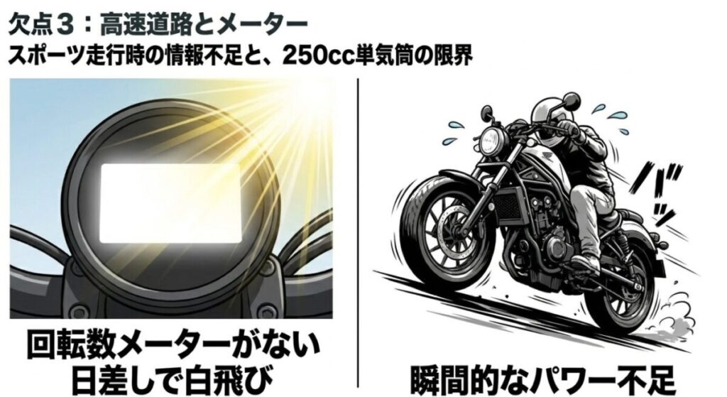 CL250:日差しで白飛びするメーターのイラストと、坂道を登るバイクのイラストとともに、「回転数メーターがない」「日差しで白飛び」「瞬間的なパワー不足」という高速道路やスポーツ走行時の欠点をまとめたスライド画像。
