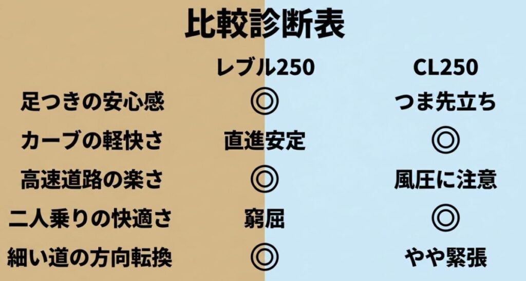 レブル250とCL250の「足つきの安心感」「カーブの軽快さ」「高速道路の楽さ」「二人乗りの快適さ」「細い道の方向転換」の5項目を網羅した、一目でわかる総合比較診断表のスライド。