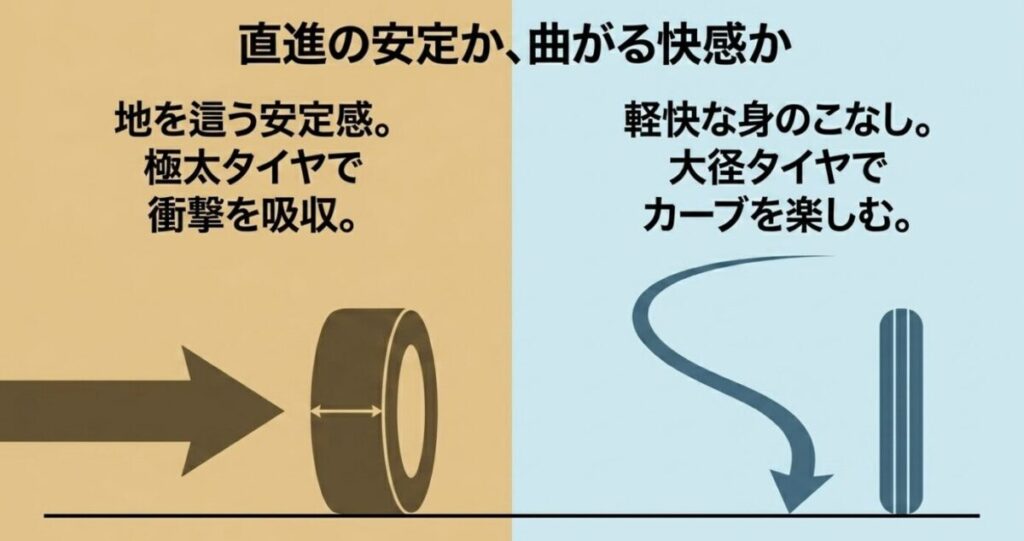 レブル250の「地を這う安定感・極太タイヤで衝撃吸収」と、CL250の「軽快な身のこなし・大径タイヤでカーブを楽しむ」という走行特性・タイヤサイズの違いを説明するスライド。