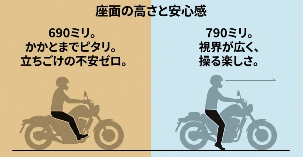 レブル250（シート高690mm、かかとまでピタリ、立ちごけの不安ゼロ）とCL250（シート高790mm、視界が広く操る楽しさ）の足つき性と安心感を比較したイラスト付きスライド。