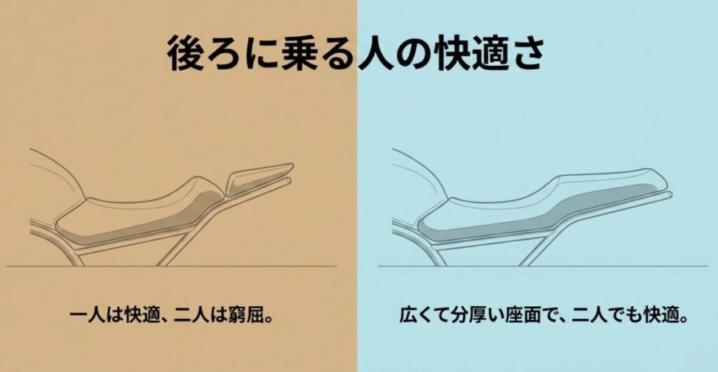 レブル250の「一人は快適、二人は窮屈」な傾斜したシート形状と、CL250の「広くて分厚い座面で二人でも快適」なフラットシートの快適性を比較したスライド。
