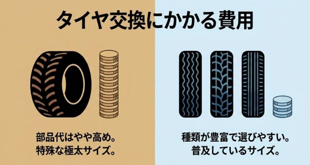 レブル250は「特殊な極太サイズで部品代がやや高め」、CL250は「普及しているサイズで種類が豊富で選びやすい」という、タイヤ維持費の傾向を硬貨のイラストと合わせて解説したスライド。