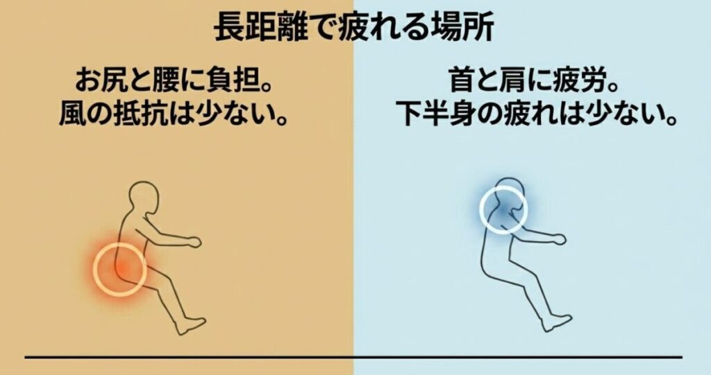 長距離走行時、レブル250は「お尻と腰に負担（風の抵抗は少ない）」、CL250は「首と肩に疲労（下半身の疲れは少ない）」と、それぞれの乗車姿勢による疲労ポイントをイラストで示したスライド。