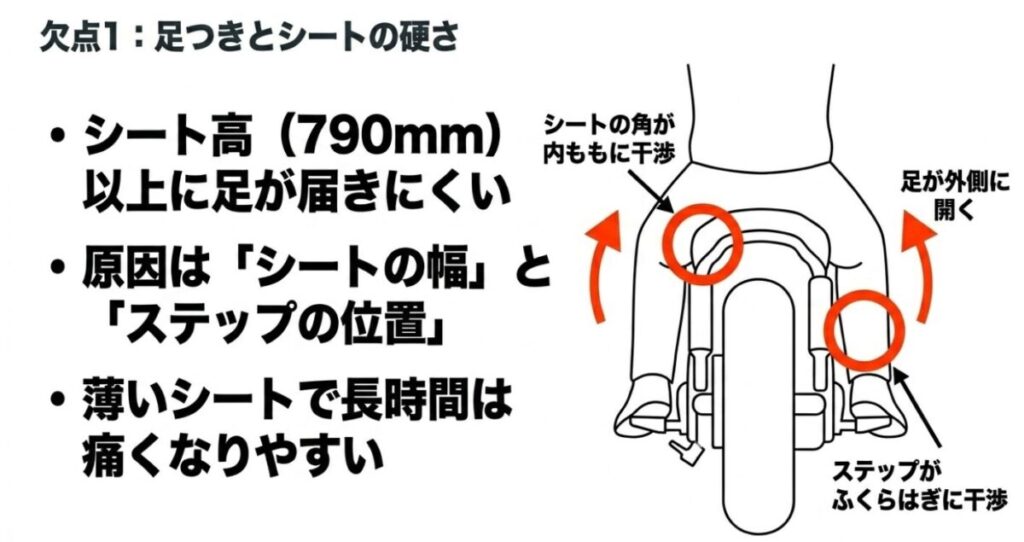 CL250のシート高(790mm)以上に足が届きにくく感じる理由として、シートの角が内ももに干渉し、ステップがふくらはぎに干渉して足が外側に開いてしまう構造を説明したイラストスライド画像。