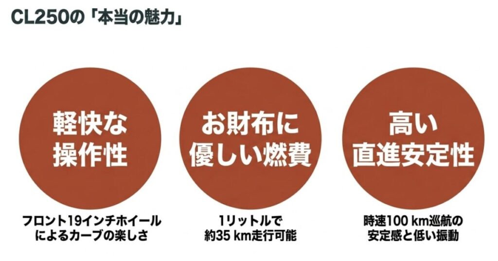 CL250の真の魅力として、フロント19インチによる「軽快な操作性」、リッター約35km走る「お財布に優しい燃費」、時速100km巡航時の「高い直進安定性」を解説したスライド画像。