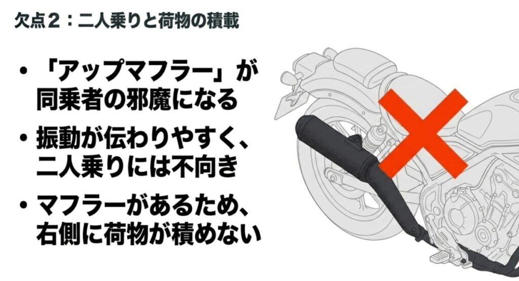 CL250の特徴であるアップマフラーに大きな赤いバツ印がついており、サイレンサーが同乗者の邪魔になることや、右側に荷物が積めない欠点を説明したスライド画像。