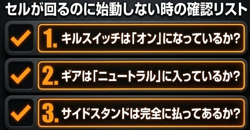 レブル250：キルスイッチがオンか、ギアがニュートラルか、サイドスタンドを払っているかを確認する3つの基本チェックリスト