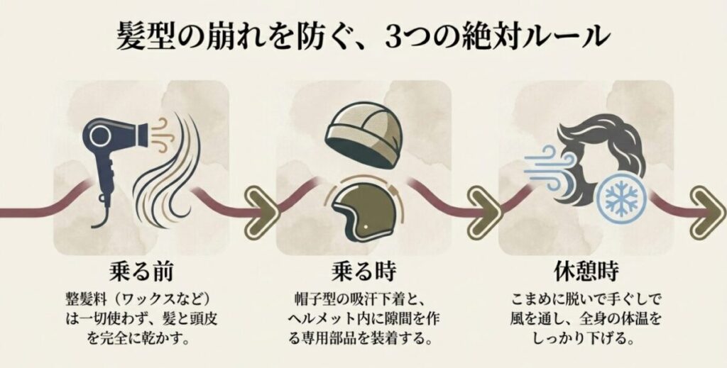 レブル250女性ライダー：ヘルメットによる髪型崩れを防ぐ対策。乗る前の乾燥とノーワックス、乗る時の専用インナーや部品の装着、休憩時のこまめな風通しと体温低下について解説している。