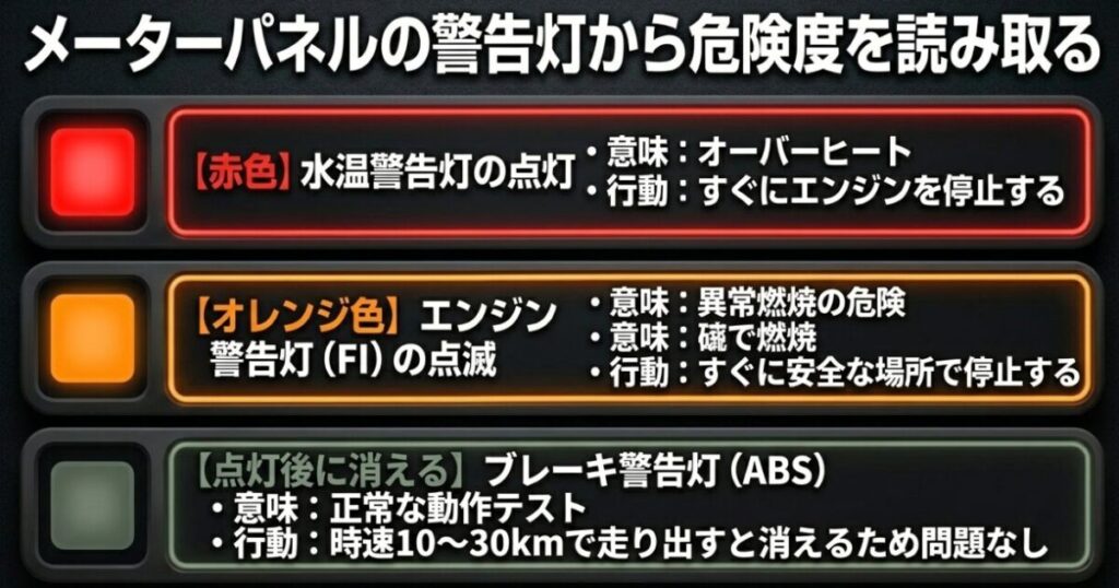 レブル250：水温警告灯、FI警告灯、ABS警告灯のそれぞれの意味と、点灯や点滅時に取るべき行動をまとめた表