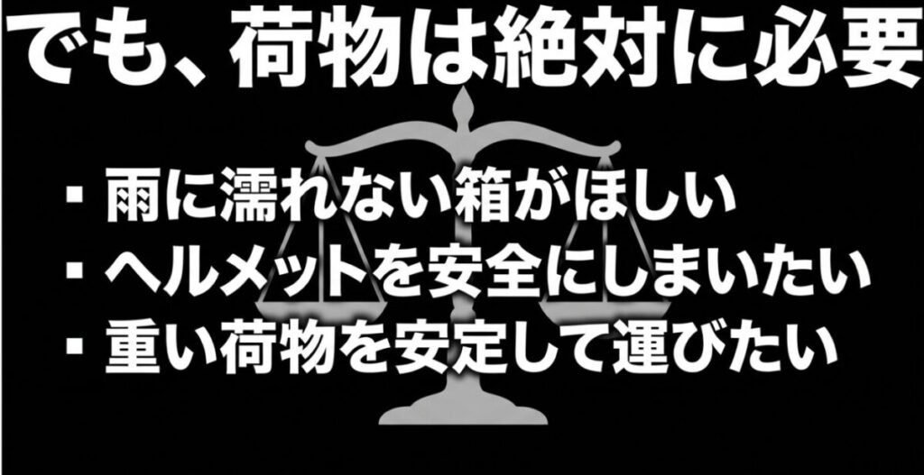 レブル250：バイクにおける荷物の必要性。雨に濡れない箱、ヘルメット収納、重い荷物の安定運搬など。