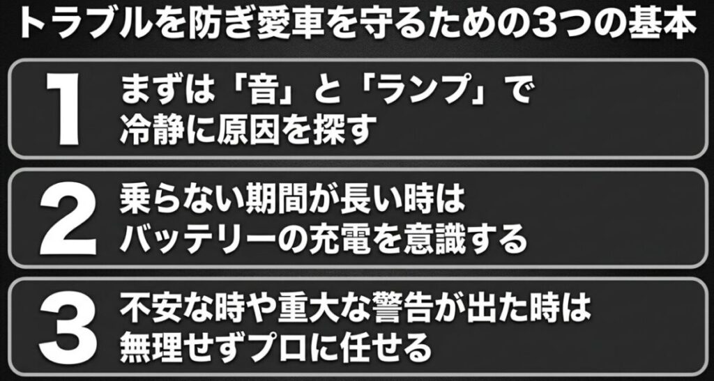 レブル250：音とランプで原因を探す、バッテリー充電を意識する、無理せずプロに任せるという、バイクのトラブルを防ぐ3つの基本ルールのまとめ
