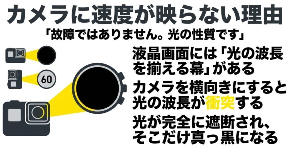 CL250のメーター：液晶画面の光の波長とカメラの向きによって光が遮断され、速度が真っ黒になって映らなくなる光の性質を図解したスライド