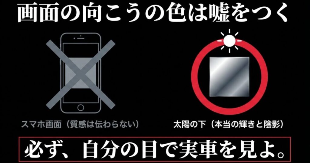 レブル250：画面の向こうの色は嘘をつくという見出しと 、スマホ画面では質感が伝わらないため 、太陽の下で自分の目で実車を見ることの重要性を説明したスライド 。
