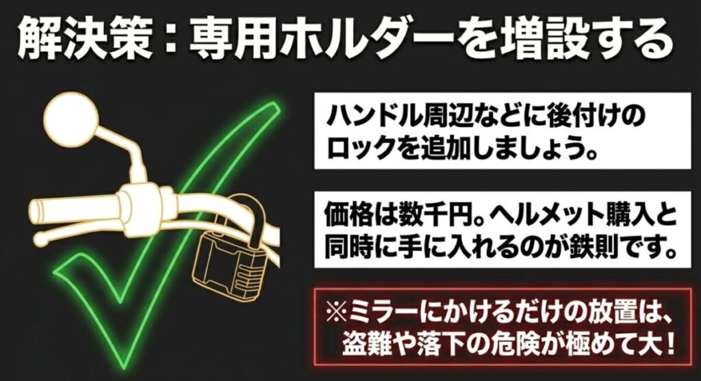 レブル(ヘルメット)：ハンドル周辺などに数千円で後付けのロックを追加する解決策と、ミラー放置の危険性について