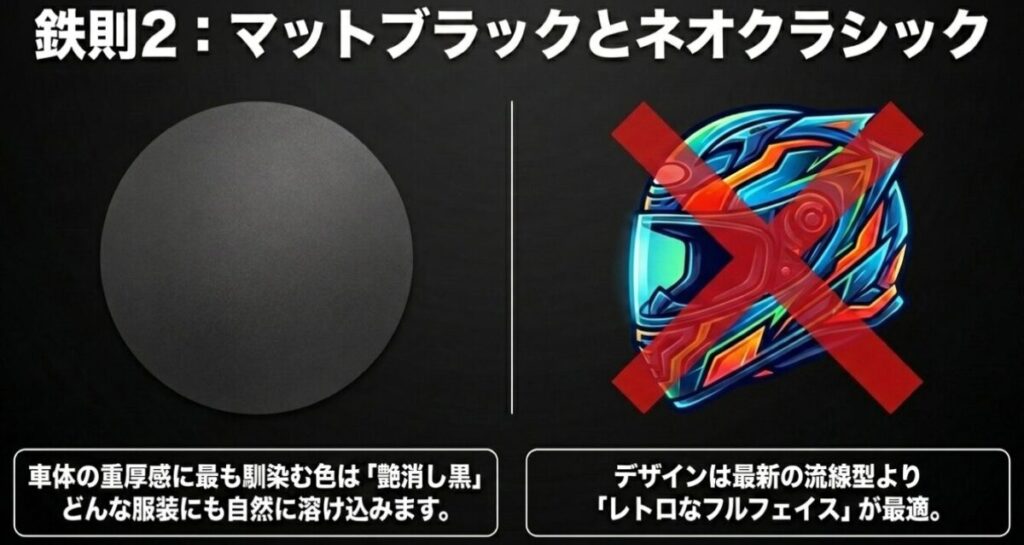 レブル(ヘルメット)：車体の重厚感に馴染む艶消し黒と、レトロなフルフェイスが最適であるという解説