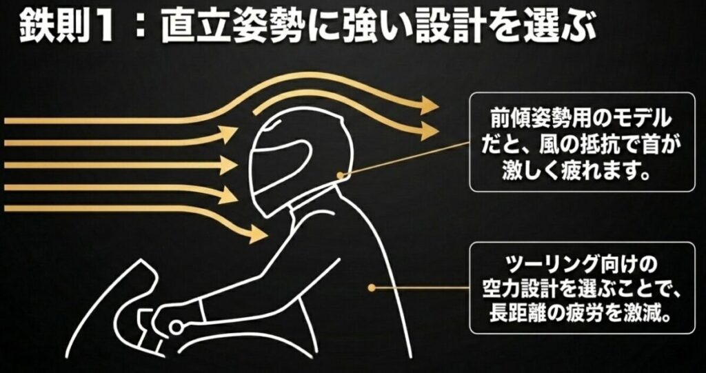 レブル(ヘルメット)：前傾姿勢用ではなく、ツーリング向けの空力設計を選ぶことで風の抵抗による首の疲労を激減させるという解説