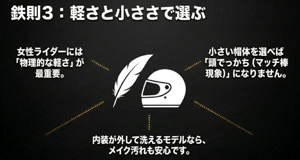 レブル(ヘルメット)：女性ライダーに必要な物理的な軽さと、頭でっかちにならない小さい帽体選び、内装が洗える利点の解説