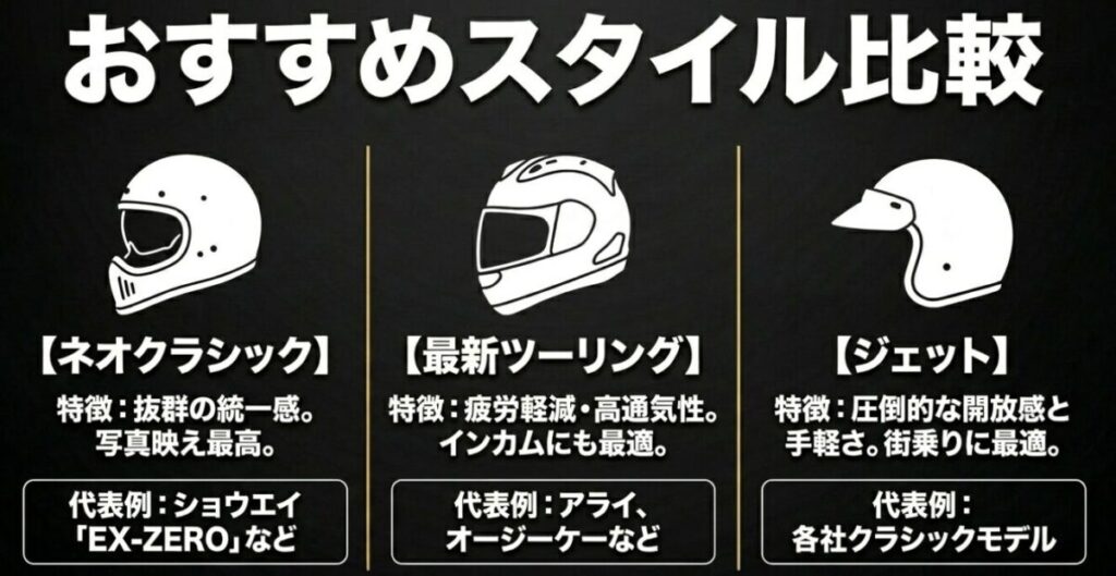 レブル(ヘルメット)：ネオクラシック、最新ツーリング、ジェットヘルメットの3スタイルの特徴と代表例の比較表