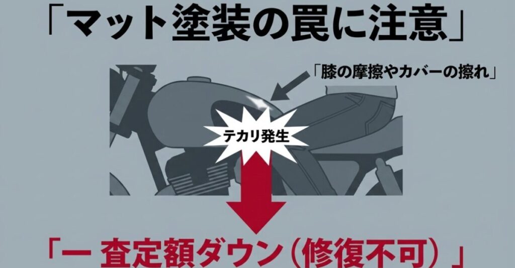 レブル250：マット塗装の罠に注意という見出しで 、膝の摩擦やカバーの擦れによるテカリ発生が 、査定額ダウンにつながることを示した図解 。