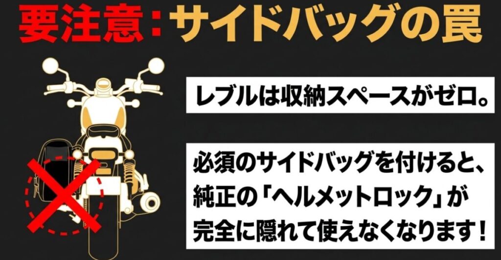 レブル(ヘルメット)：サイドバッグを付けると純正のヘルメットロックが隠れて使えなくなる問題の図解