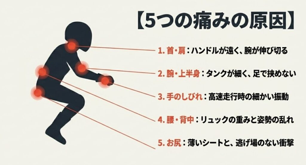 首・肩、腕、手のしびれ、腰・背中、お尻など、レブル250で疲れる5つの痛みの原因を示す図解