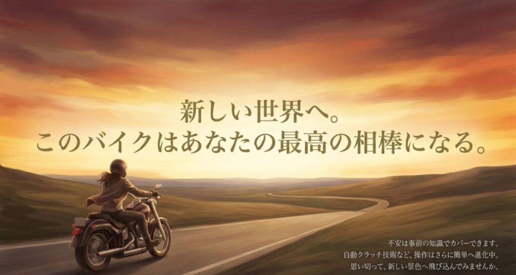 レブル250女性ライダー：「新しい世界へ。このバイクはあなたの最高の相棒になる。」というメッセージ。不安は事前の知識でカバーでき、自動クラッチなどの技術でさらに操作が簡単になることを伝えている。