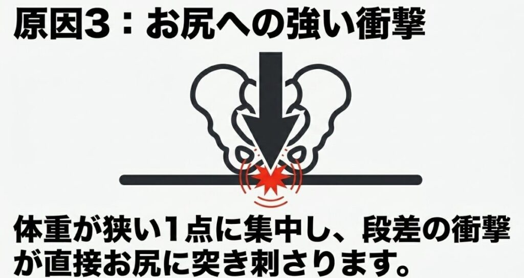 レブル250：体重が狭い1点に集中し、段差の衝撃がお尻に直接伝わるメカニズムの図解