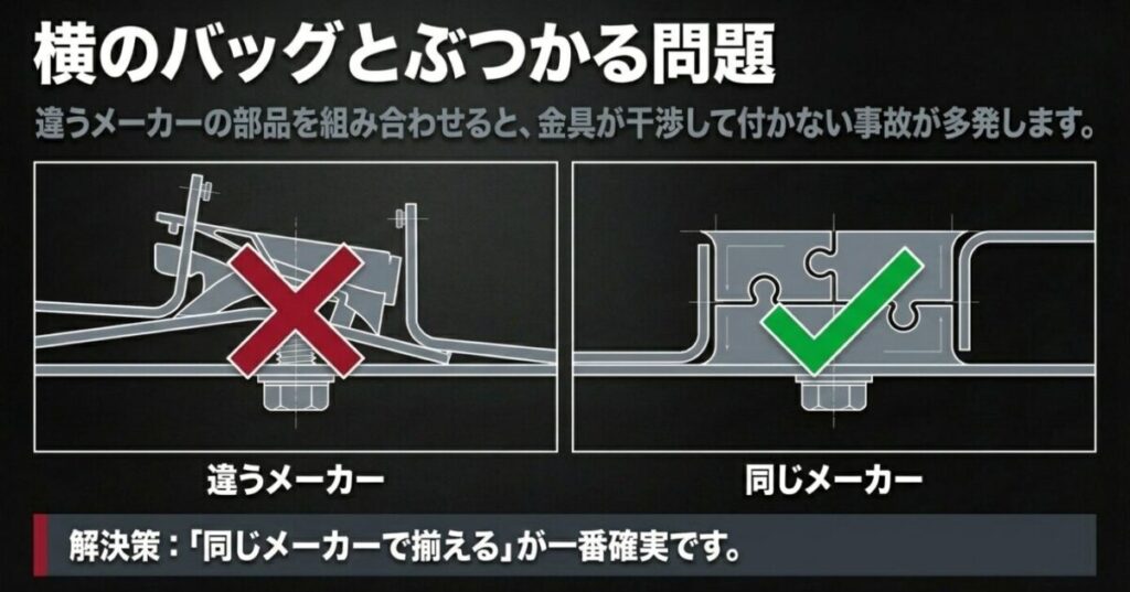 レブル250:違うメーカーの部品を組み合わせると金具が干渉する問題と、同じメーカーで揃えるという解決策の図解