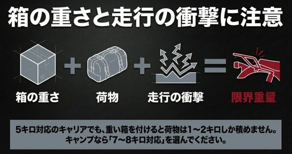 レブル250:箱の重さと荷物、走行の衝撃を合わせたものが限界重量になることを示す図。キャンプなら7〜8キロ対応が推奨される