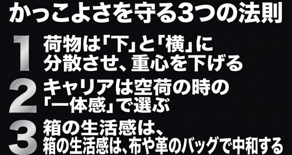レブル250：かっこよさを守る3つの法則。荷物の分散、キャリアのデザイン考慮、生活感の中和。