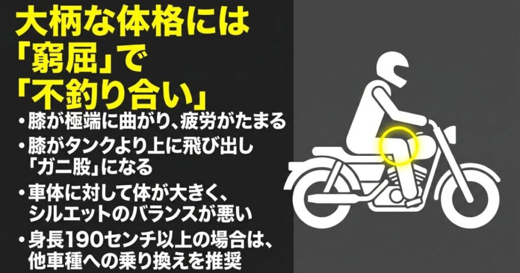 レブル250：大柄な体格には窮屈で不釣り合い。膝が極端に曲がりガニ股になり、シルエットのバランスが悪くなる図解