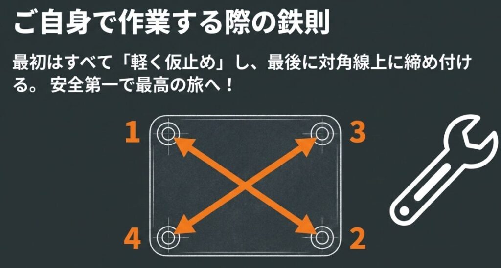 レブル250:ボルトを軽く仮止めし、最後に対角線上に締め付けるDIY作業の鉄則を示す図解