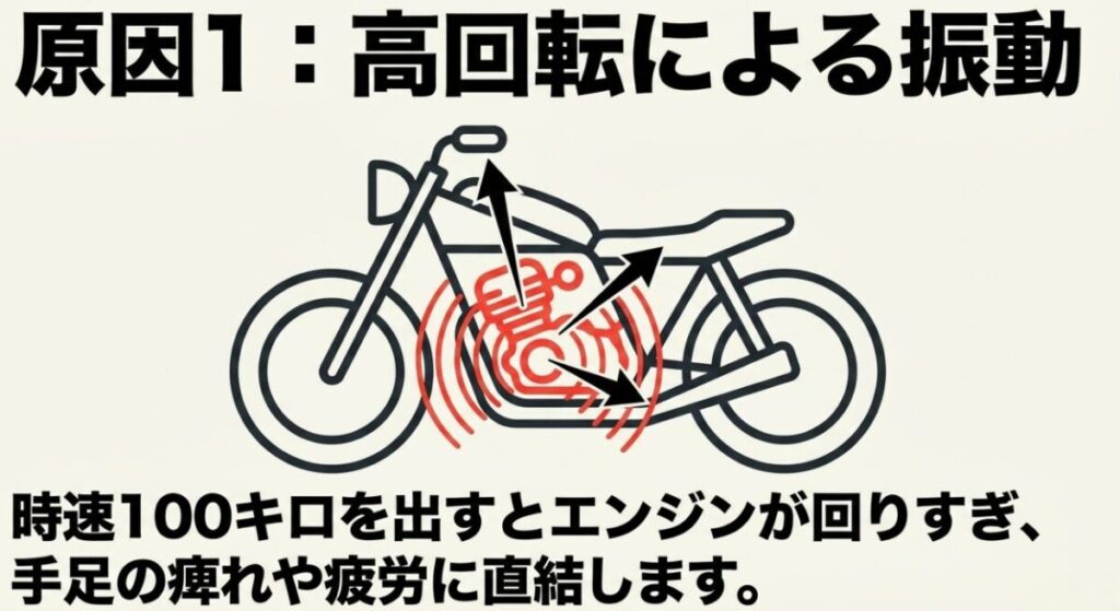レブル250の高回転によるエンジン振動の解説。時速100キロでの手足の痺れや疲労の原因を図解