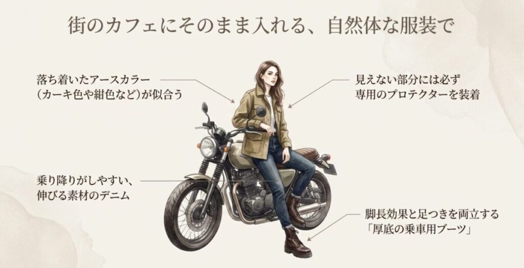 レブル250女性ライダー：レブル250に似合う自然体な服装のポイント。アースカラーの服、見えない部分の専用プロテクター、伸びる素材のデニム、脚長効果と足つきを両立する厚底ブーツを紹介している。