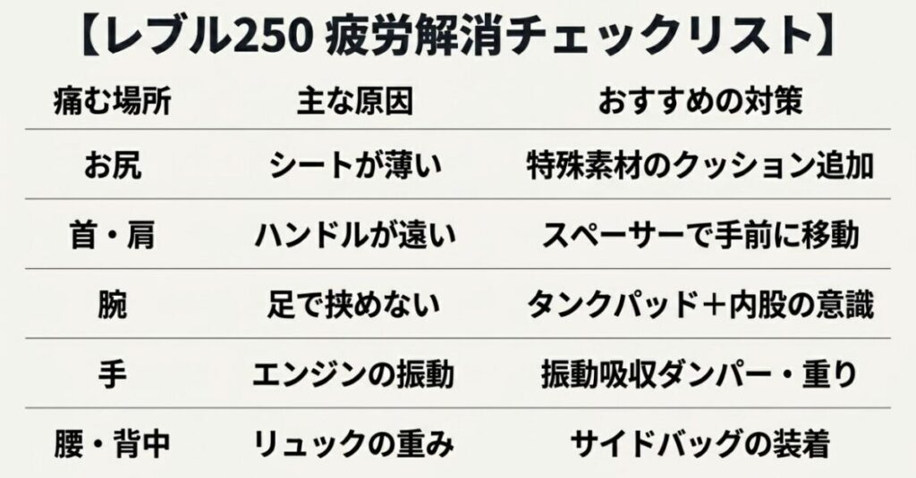 レブル250：お尻、首・肩、腕、手、腰・背中の痛む場所ごとの原因とおすすめの対策をまとめた一覧表